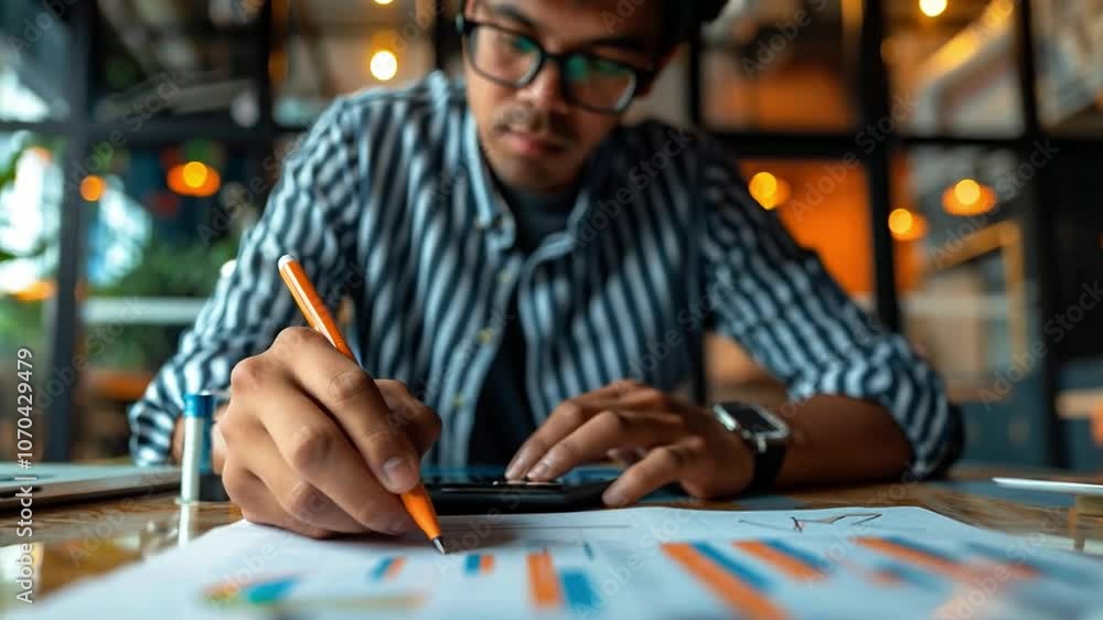 This focused individual examines data charts while using a calculator at a bright workspace.