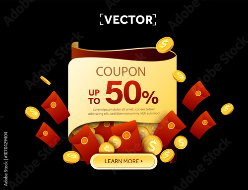 3d golden coupon as an envelope with golden coins and mini red lucky envelopes flying out, isolated on dark background. Cash back gift voucher for special discount event. Coupon code banner template