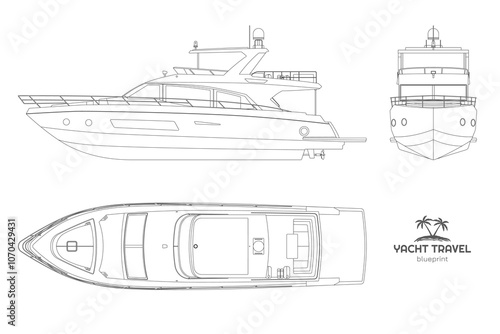 Isolated outline yacht drawing. Side, front and top views of private ship. Modern boat contour blueprint. Cruise motorboat line art