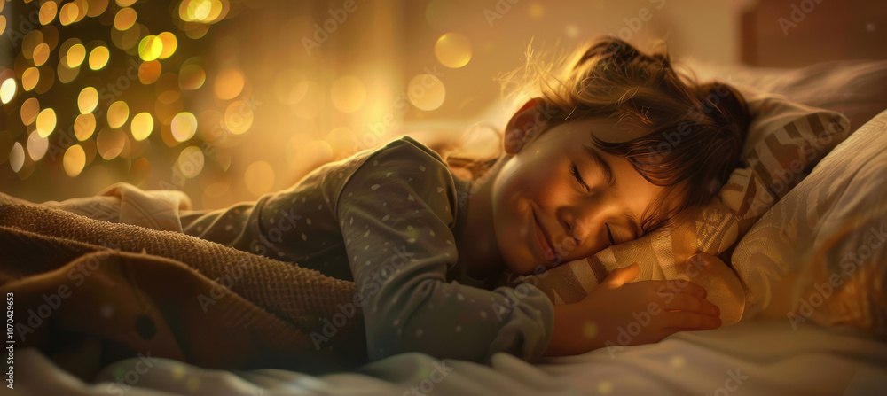 Cozy Bedtime Comfort: Child Resting with Parent's Support in a Warmly Lit Bedroom Scene Cozy Bedtime Comfort: Child Resting with Parent's Support in a Warmly Lit Bedroom Scene