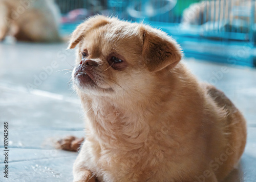 A shelter dog patiently waits for a loving home at an animal shelter. photo