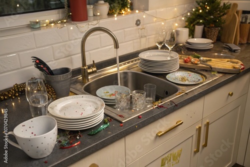 A kitchen sink filled with dirty dishes and glasses, surrounded by holiday decorations, capturing the aftermath of a festive gathering or party.
