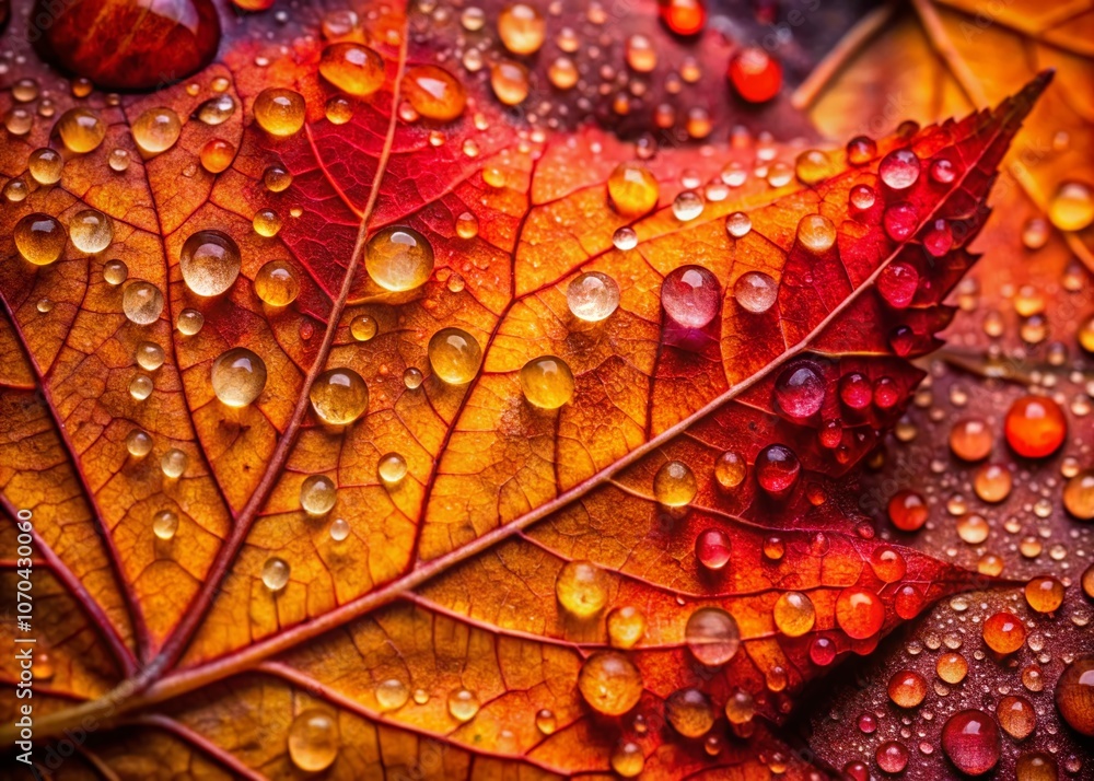 Fototapeta premium Orange-red fall leaf, close-up, water droplets, rule of thirds composition.