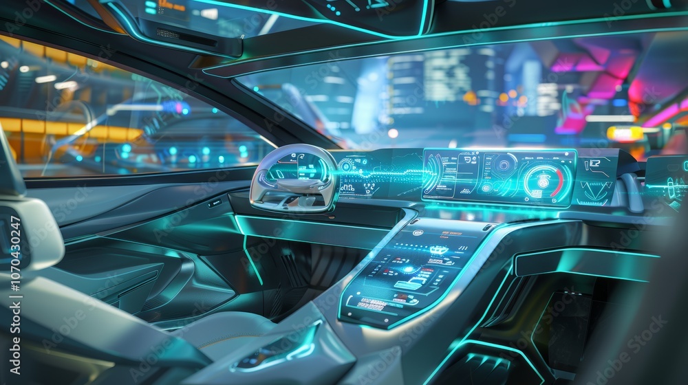 Futuristic car interior showcasing advanced digital displays and a sleek design in a modern urban environment at night Futuristic car interior showcasing advanced digital displays and a sleek design in a modern urban environment at night