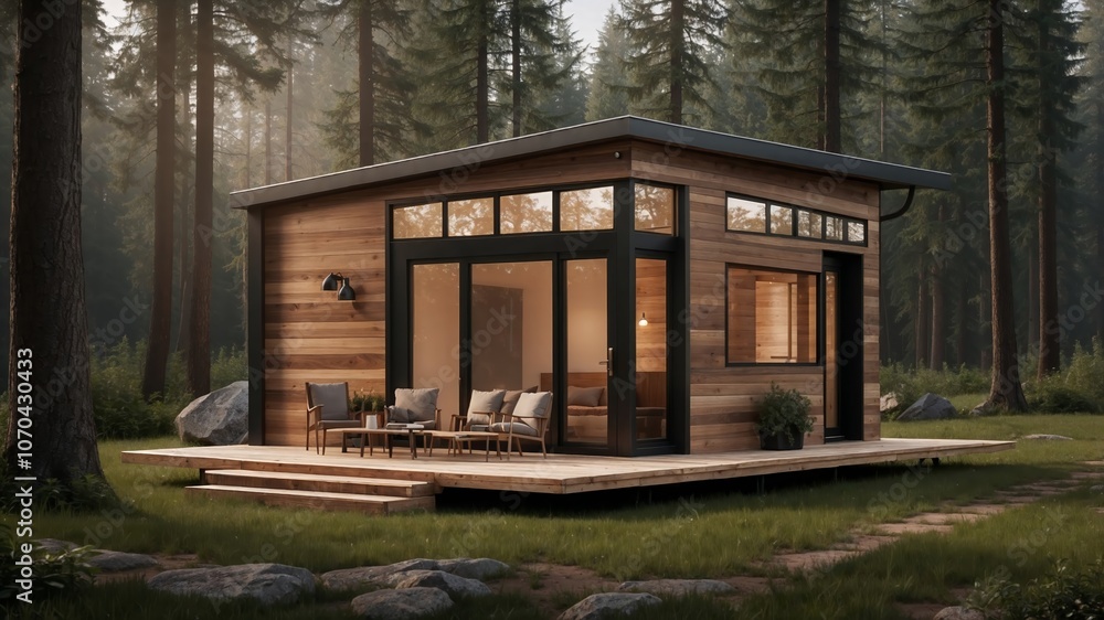 modern tiny house in a forest. Generative AI. modern tiny house in a forest. Generative AI.
