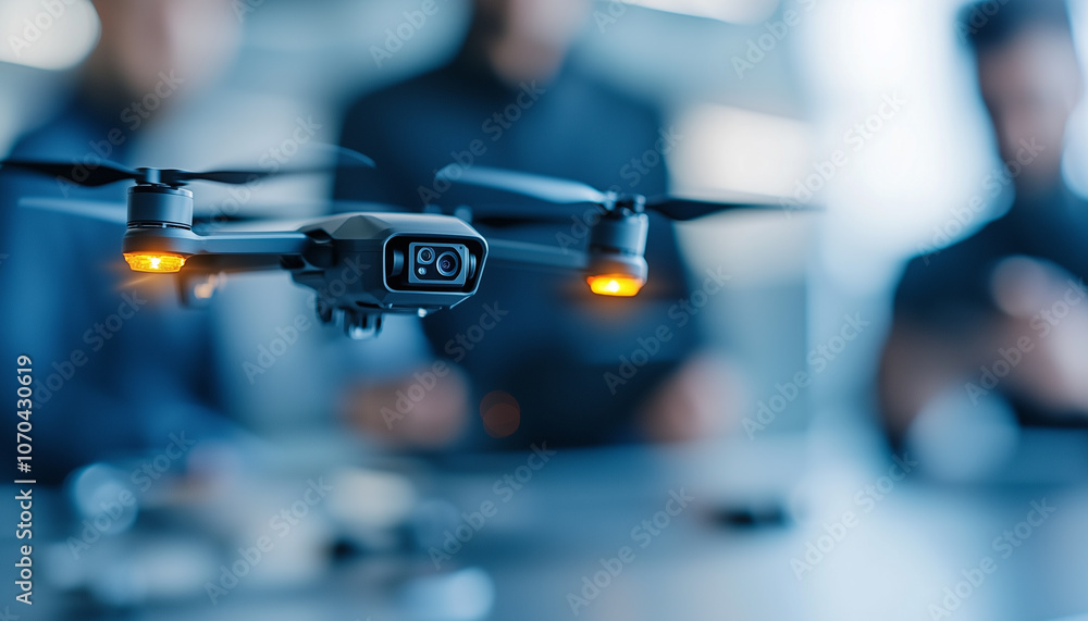 drone hovers in creative studio as innovative team designs and collaborates on new technology. focus is on drone advanced features and team dedication drone hovers in creative studio as innovative team designs and collaborates on new technology. focus is on drone advanced features and team dedication