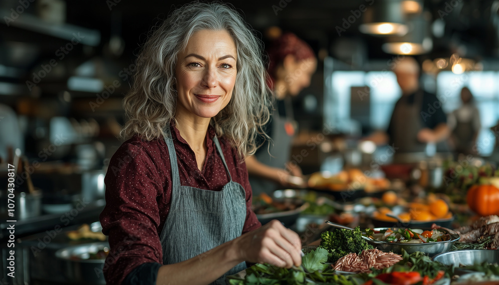 Fototapeta premium middle aged woman with gray hair smiles warmly while preparing fresh ingredients in bustling kitchen, surrounded by vibrant produce and culinary activity