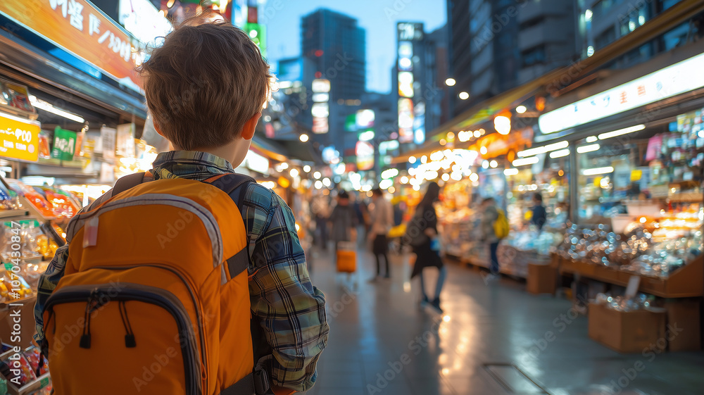 child with backpack explores vibrant, bustling city market at dusk, surrounded by bright lights and diverse shops child with backpack explores vibrant, bustling city market at dusk, surrounded by bright lights and diverse shops