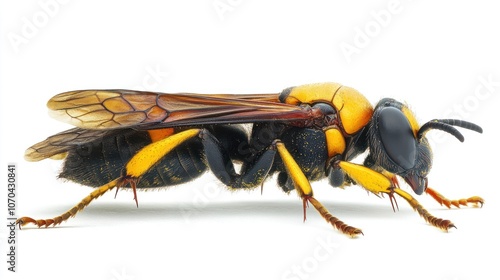 Detailed wasp with vibrant yellow and black colors, isolated on a white background.