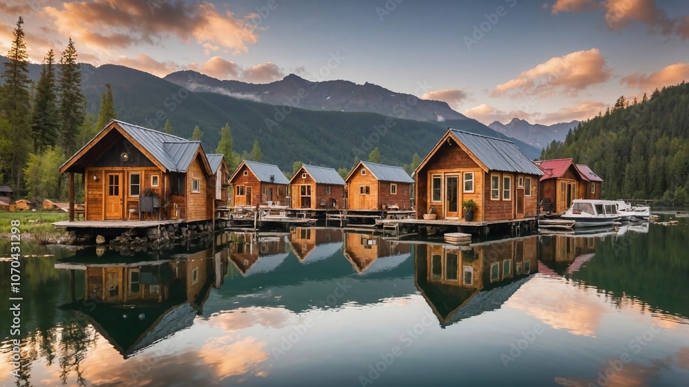 Fototapeta premium Swimming modern tiny house village on a mountain lake. Generative AI.