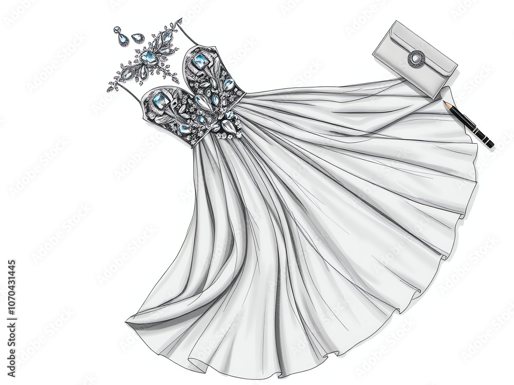 A drawing featuring a dress alongside an envelope, showcasing a blend of fashion and correspondence elements. A drawing featuring a dress alongside an envelope, showcasing a blend of fashion and correspondence elements.