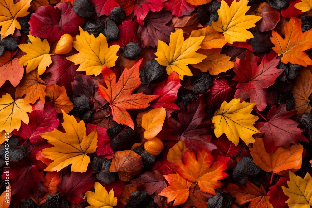 Close-up of autumn leaves on a forest floor background, capturing vibrant fall colors and natural textures Close-up of autumn leaves on a forest floor background, capturing vibrant fall colors and natural textures