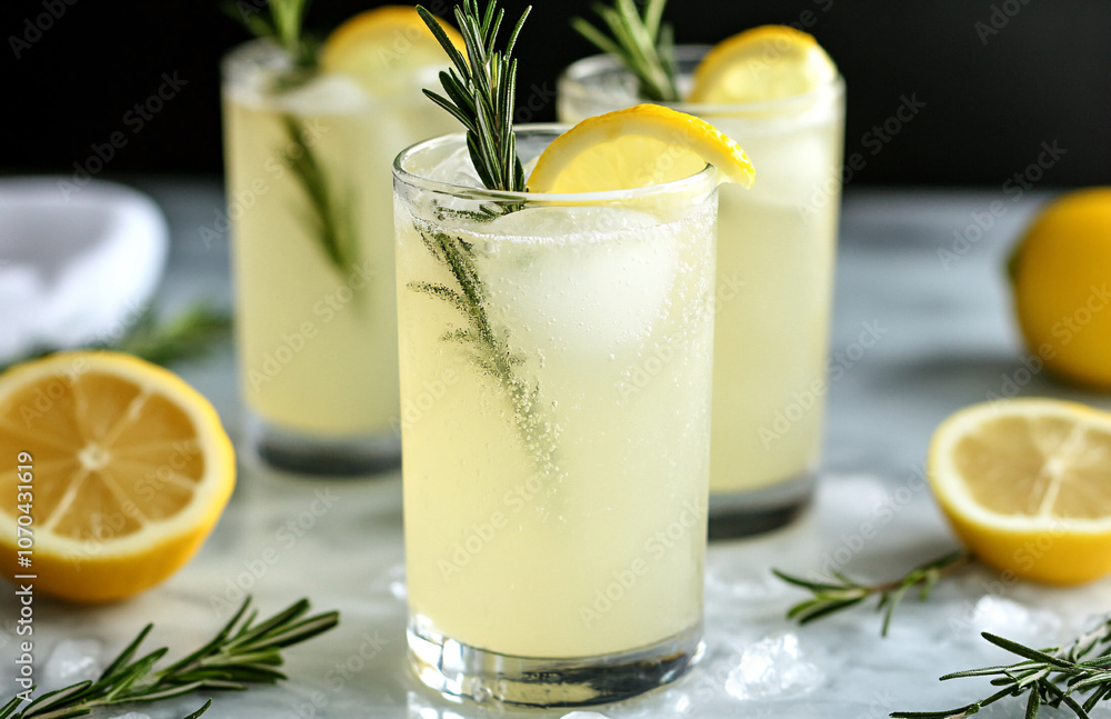 Three refreshing lemon rosemary drinks are garnished with lemon slices and rosemary sprigs Three refreshing lemon rosemary drinks are garnished with lemon slices and rosemary sprigs