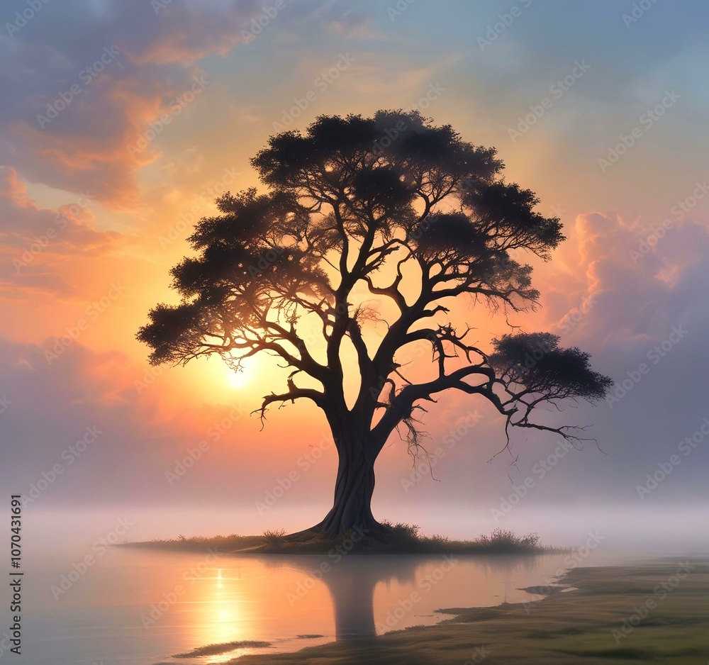 Illustration of lonely tree with sunrise behind and fogy landscape. Illustration of lonely tree with sunrise behind and fogy landscape.