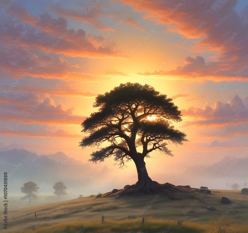 Illustration of lonely tree with sunrise behind and fogy landscape. Illustration of lonely tree with sunrise behind and fogy landscape.