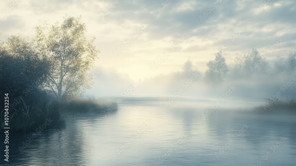 Early morning fog drifting over a tranquil river, with soft light peeking through the mist Early morning fog drifting over a tranquil river, with soft light peeking through the mist