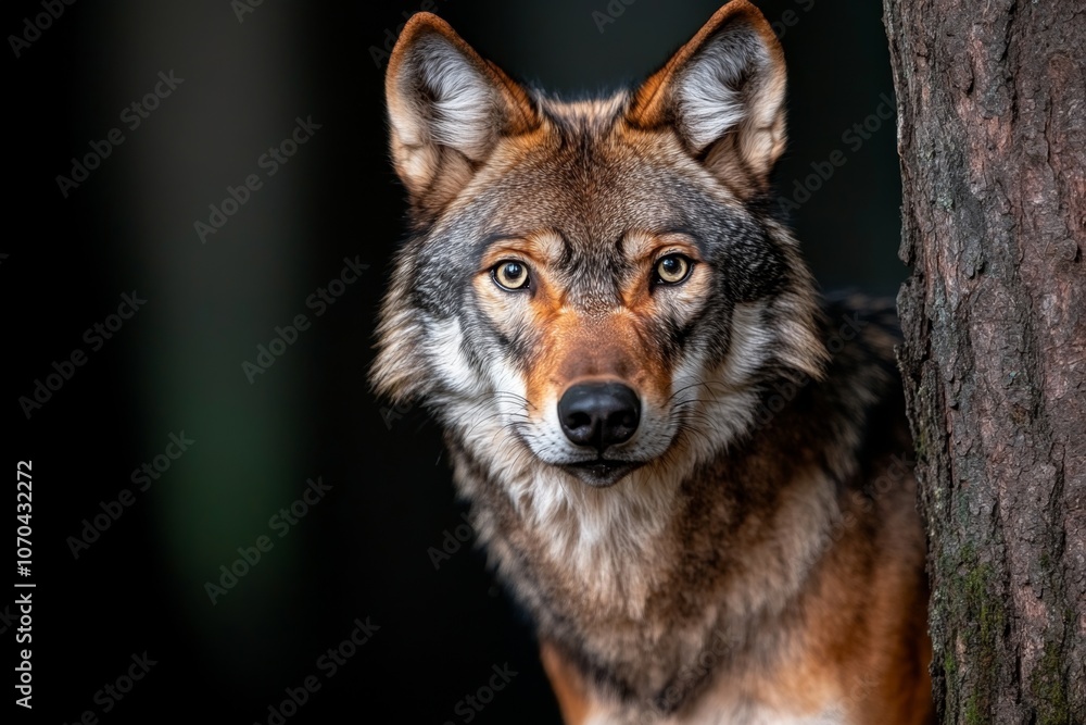 Fototapeta premium Dark and dramatic wolf portrait with shadows and a misty forest backdrop, giving a gothic feel