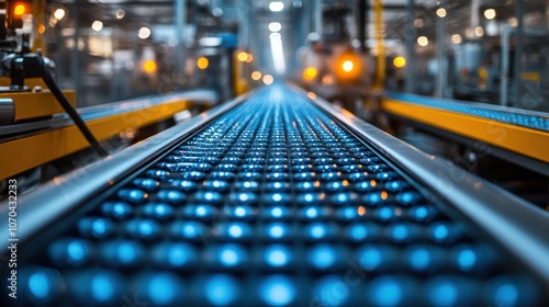 A close-up view of a conveyor belt in a modern factory, illuminated with blue lights, showcasing an industrial environment focused on automation and efficiency.