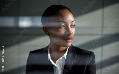 Focused Reflection: A close-up of a single professional in a sleek office setting, their expression thoughtful and engaged as they reflect on their work