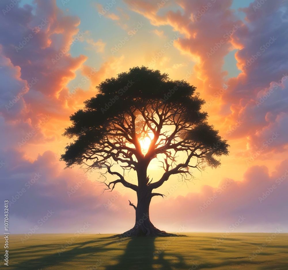 Fototapeta premium Illustration of lonely tree with sunrise behind and fogy landscape.
