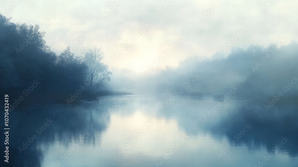 Fototapeta premium Early morning fog drifting over a tranquil river, with soft light peeking through the mist