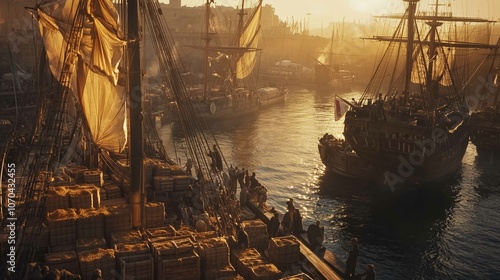 Bustling Port with Ships Loaded with Goods on One Side, Empty on the Other, Symbolizing Unequal Flow of Trade at Sunset
