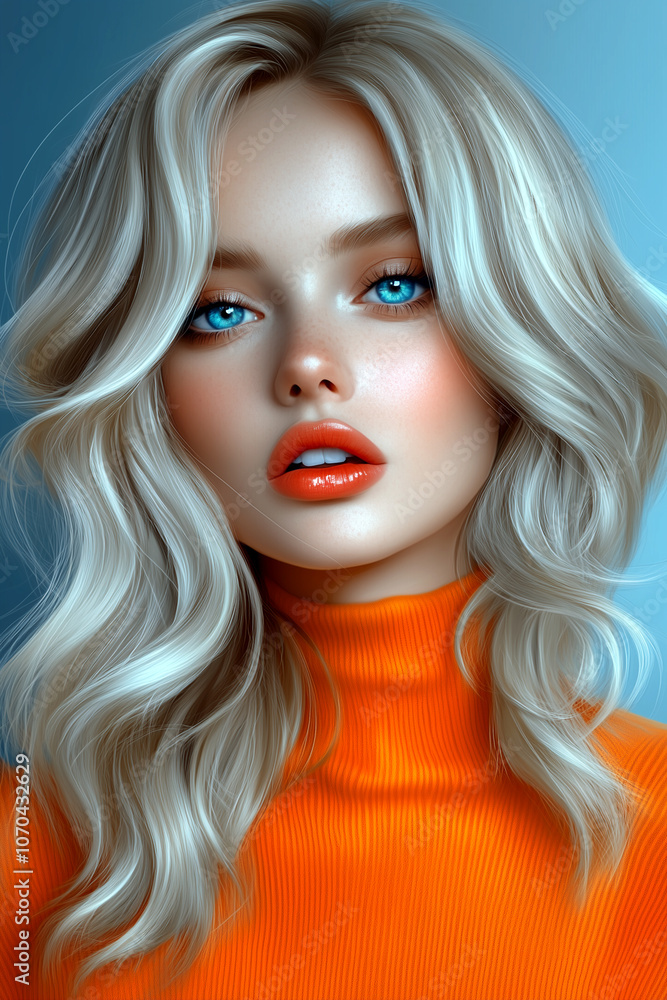 A woman with long blonde hair and blue eyes is wearing an orange sweater. She has a bright smile and is looking directly at the camera. The image has a cheerful and friendly mood A woman with long blonde hair and blue eyes is wearing an orange sweater. She has a bright smile and is looking directly at the camera. The image has a cheerful and friendly mood
