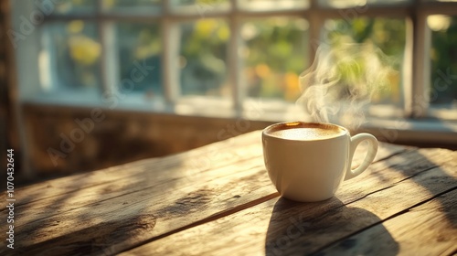 Freshly brewed coffee sits on a rustic wooden table, steam rising in the early morning light