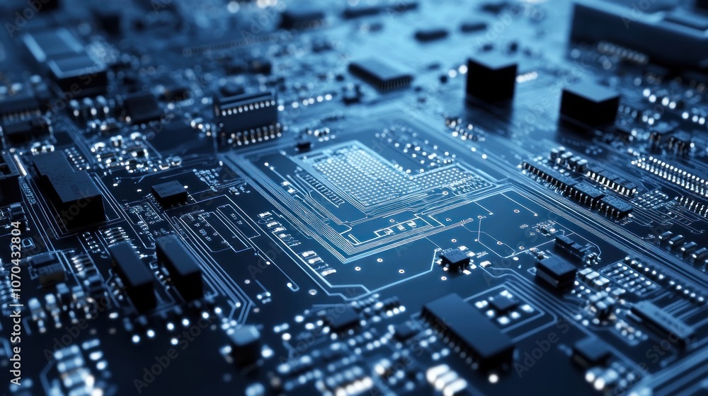 Close-up view of a circuit board showcasing intricate electronic components and connections. Close-up view of a circuit board showcasing intricate electronic components and connections.
