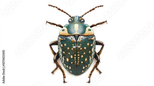 Stink bug in shades of green and brown, isolated on a clean white background. photo