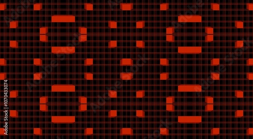 Computer generated data black background. Seamless pattern, texture, wallpaper, background, card. Red squares on black background.