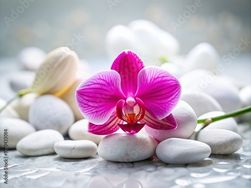 Serene spa ambiance with delicate pink orchids and soothing stones.