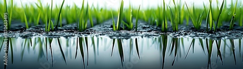 Rice plants growing in the muddy water, their reflections rippling in the watercolor effect photo