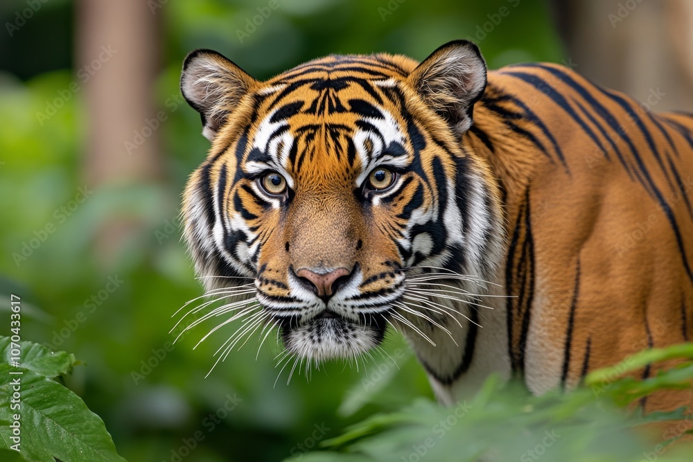 Obraz premium Detailed shot of a tiger prowling through the jungle, with lush greenery in the background and detailed fur patterns
