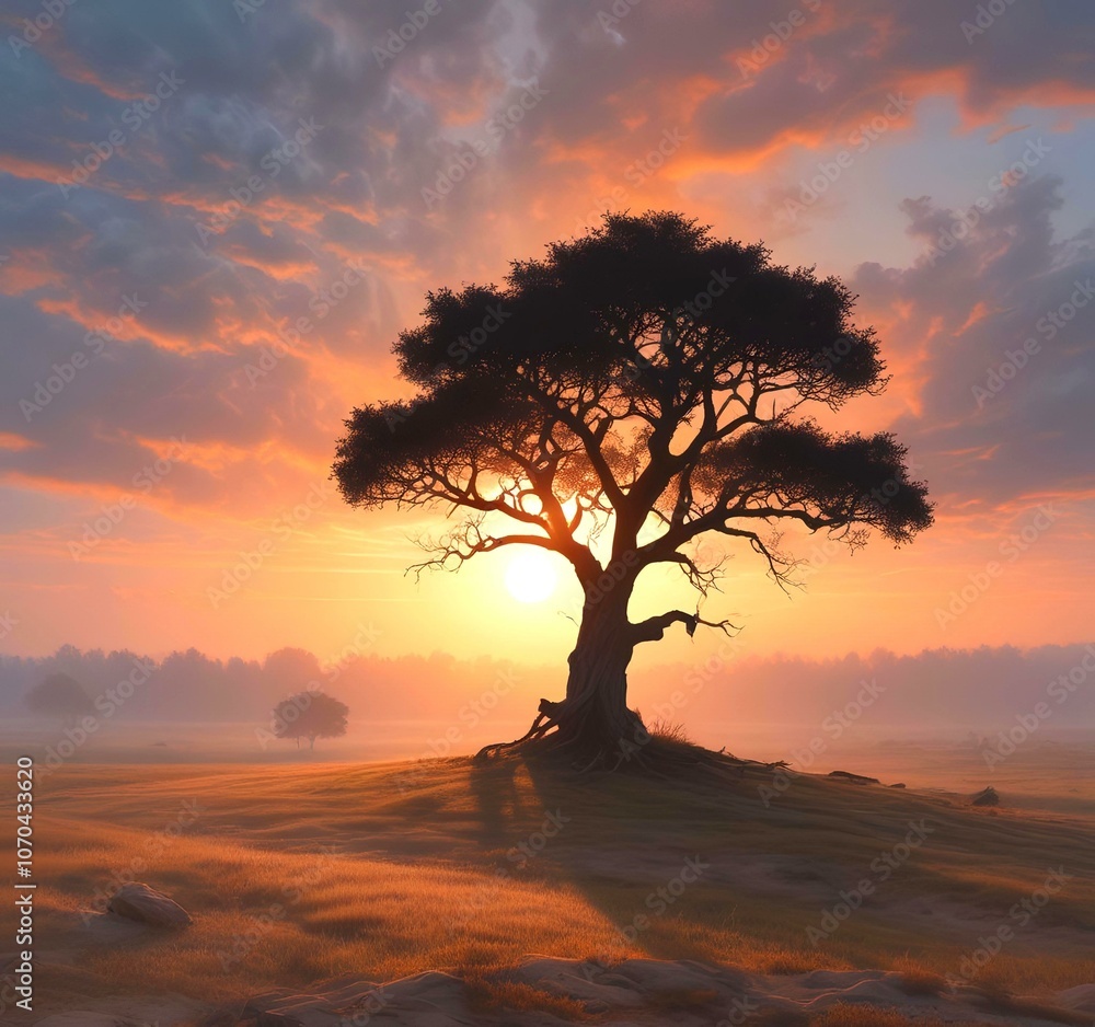 Illustration of lonely tree with sunrise behind and fogy landscape. Illustration of lonely tree with sunrise behind and fogy landscape.