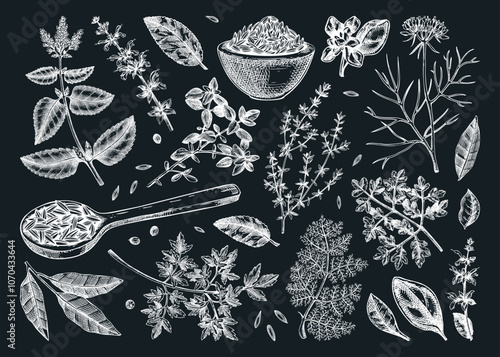 Middle Eastern herb and spice sketches set. Parsley, thyme, cumin, laurel, mint, sage, cilantro hand-drawn vector illustration. NOT AI generated