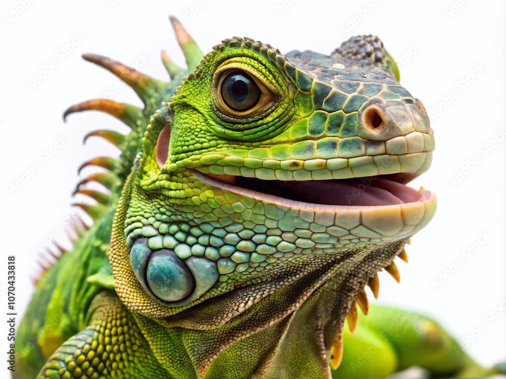 Fototapeta premium Smiling iguana, white backdrop. AI-generated image; room for text.