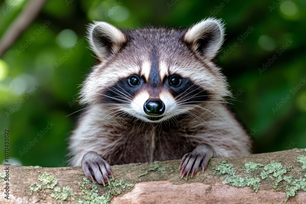 Fototapeta premium Detailed view of a raccoon in a forest setting, with its iconic mask-like fur patterns and expressive eyes