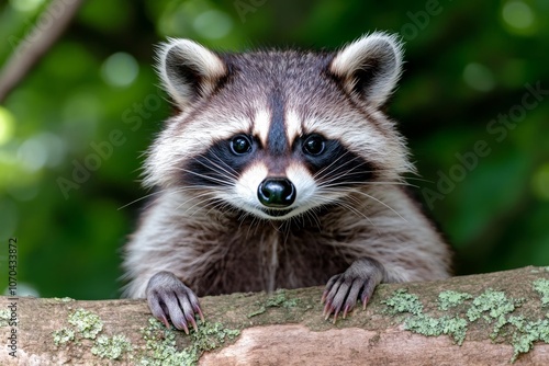 Detailed view of a raccoon in a forest setting, with its iconic mask-like fur patterns and expressive eyes photo