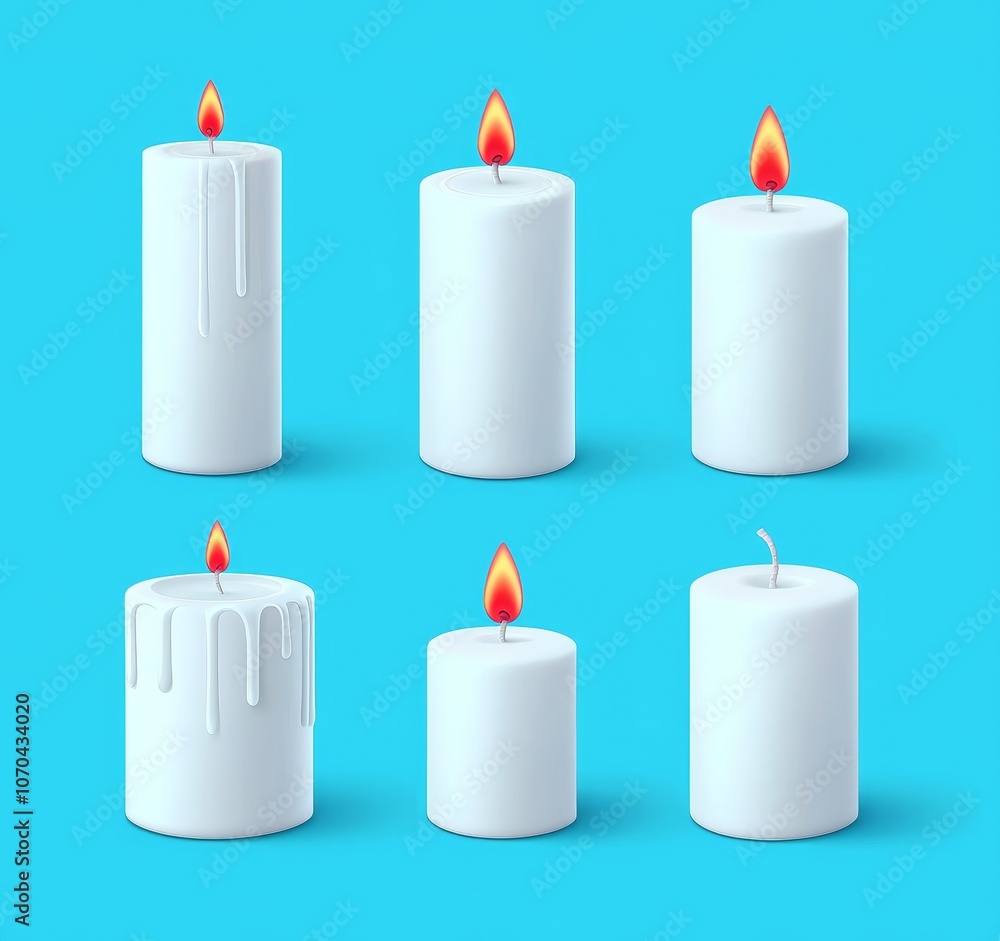 Flowing or dripping wax on a burning candle, realistic modern illustration. White candles with golden flame lit and melted wax isolated on a transparent background. A church or Christmas decoration. Flowing or dripping wax on a burning candle, realistic modern illustration. White candles with golden flame lit and melted wax isolated on a transparent background. A church or Christmas decoration.