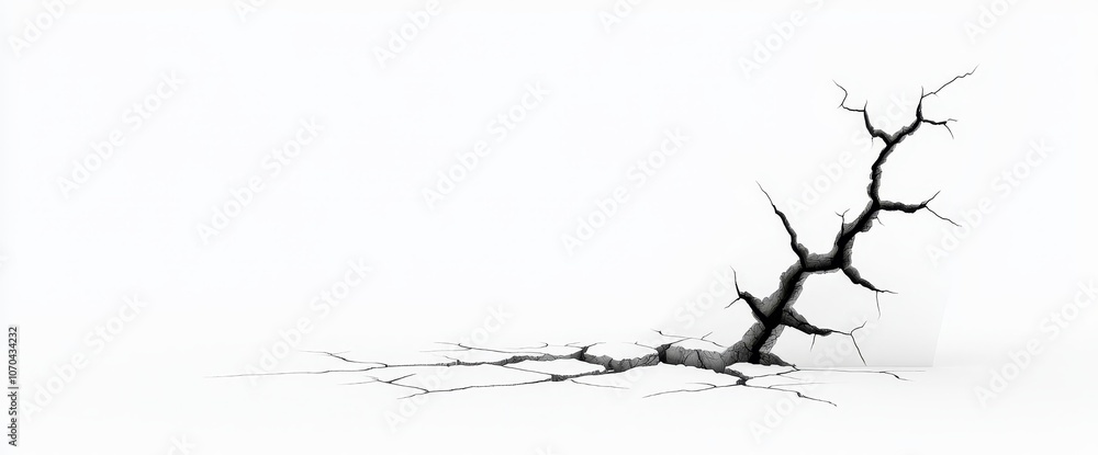 The crumbled surface of the ground seems to be cracked by a healthy earthquake. Destruction, splits, damaged fissures are isolated on a white background. A modern, realistic 3D illustration on a The crumbled surface of the ground seems to be cracked by a healthy earthquake. Destruction, splits, damaged fissures are isolated on a white background. A modern, realistic 3D illustration on a