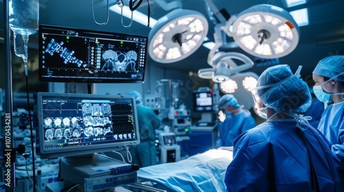 Robotic surgery in a modern operating room showcasing advanced medical technology and healthcare professionals collaborating on patient care photo