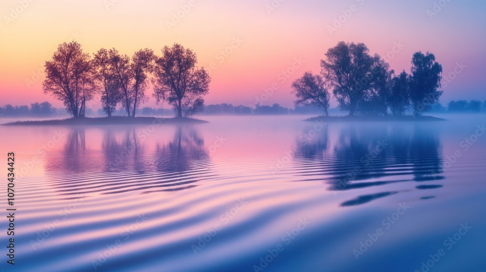 Serene landscape at dawn with trees reflecting on calm water. Serene landscape at dawn with trees reflecting on calm water.