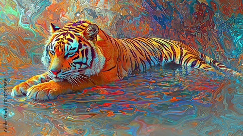 art, animal, tiger, water, design, fish, illustration, painting, pattern, sea, nature, color, flower, colorful, paint, in a dreamscape the surface reflects the early mor, untry, generative ai, landsca photo