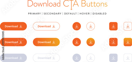 Download buttons and icons, set, black isolated on white background, vector illustration. Active, inactive state for CTA button in primary, secondary, Default, hover and disabled