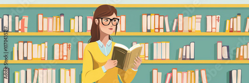 Female Caucasian Librarian Organizing Books on Shelves photo