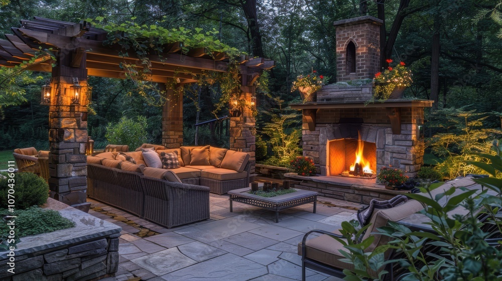 Cozy Outdoor Retreat with Fireplace and Ambient Lighting for Relaxation Cozy Outdoor Retreat with Fireplace and Ambient Lighting for Relaxation