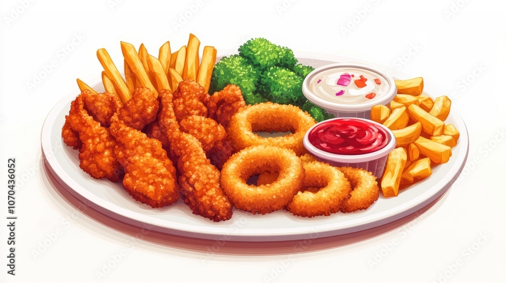 Platter of assorted fried delicacies including crispy chicken wings golden onion rings and crunchy french fries on a white plate perfect for sharing at gatherings Platter of assorted fried delicacies including crispy chicken wings golden onion rings and crunchy french fries on a white plate perfect for sharing at gatherings