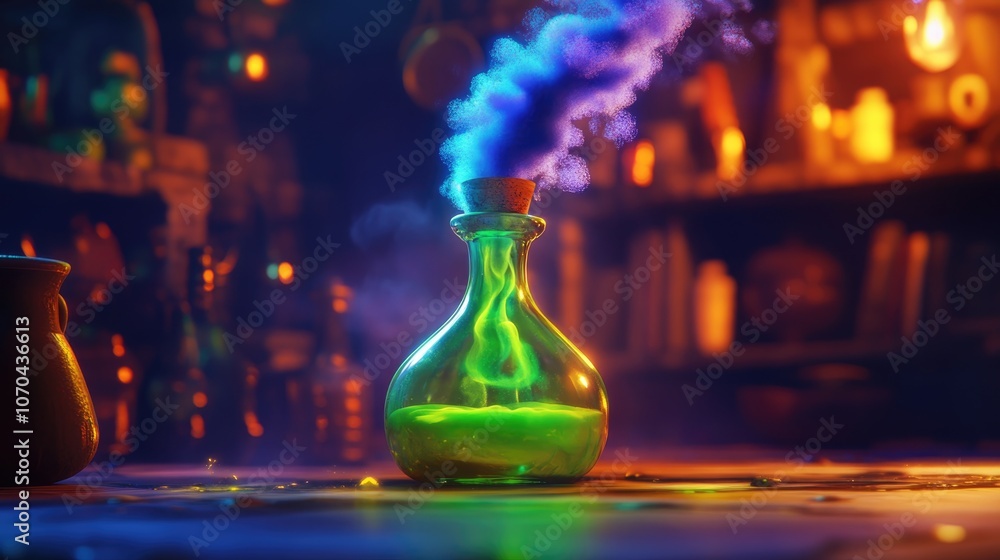 Magic potion releasing a mystical cloud of iridescent smoke from a translucent green bottle perfect for fantasy themed artwork Magic potion releasing a mystical cloud of iridescent smoke from a translucent green bottle perfect for fantasy themed artwork