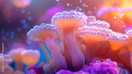 Ricordea coral polyps in a vibrant saltwater aquarium setting showcasing the beauty of Flower Mushroom Corals with selective focus photo